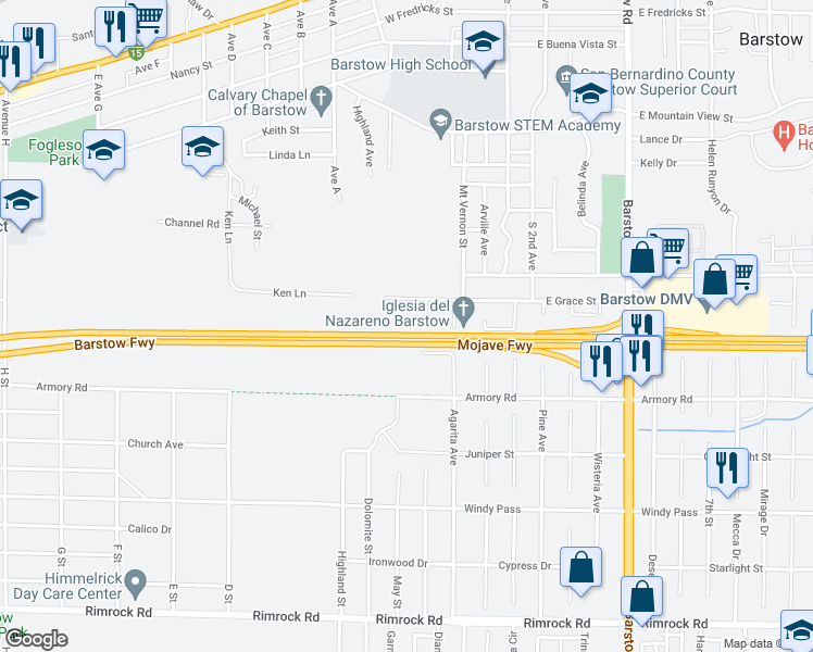 map of restaurants, bars, coffee shops, grocery stores, and more near 330 West Grace Street in Barstow