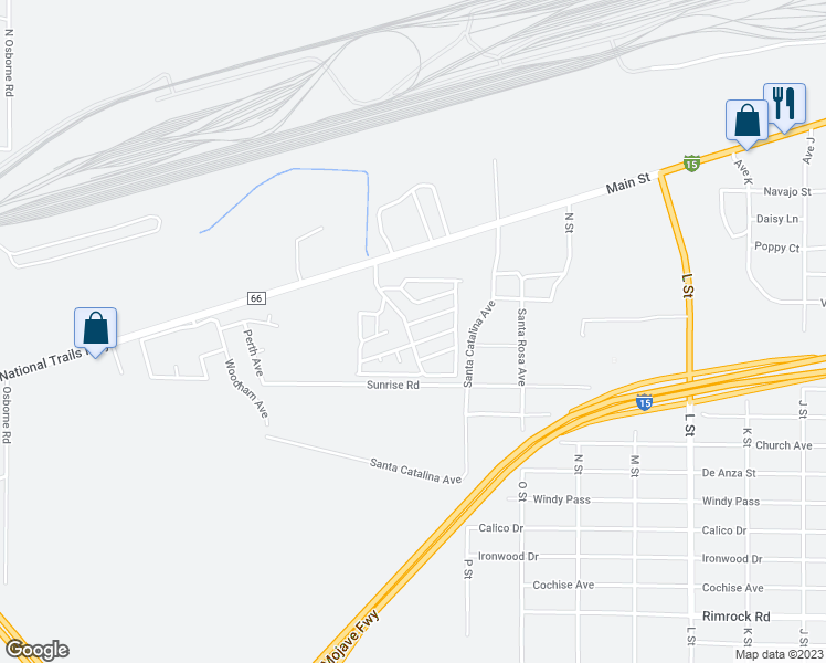 map of restaurants, bars, coffee shops, grocery stores, and more near 2494 Main Street in Barstow