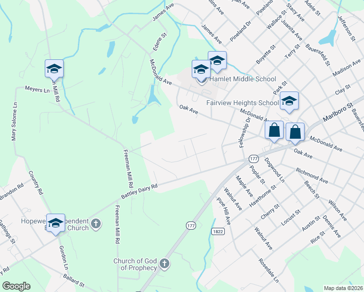 map of restaurants, bars, coffee shops, grocery stores, and more near Signal Street in Hamlet