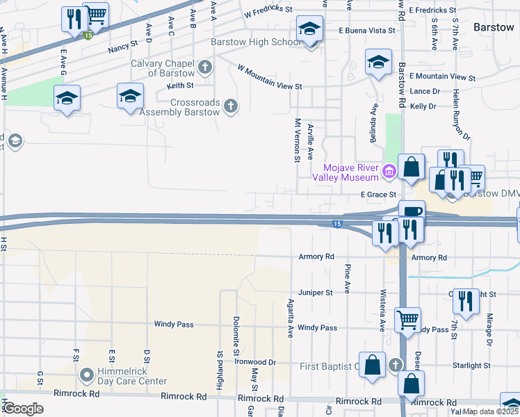 map of restaurants, bars, coffee shops, grocery stores, and more near 1061 May Lane in Barstow