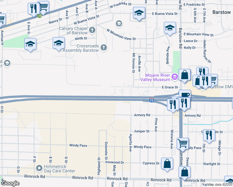 map of restaurants, bars, coffee shops, grocery stores, and more near 330 West Grace Street in Barstow