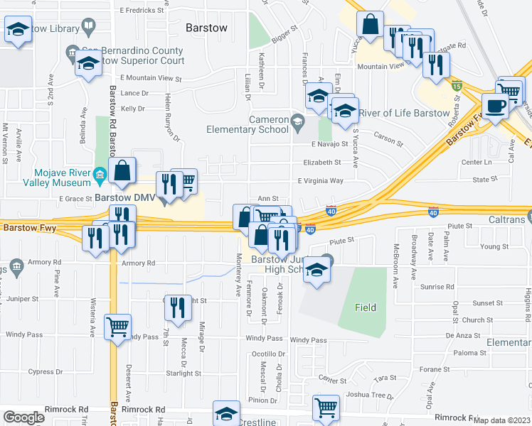 map of restaurants, bars, coffee shops, grocery stores, and more near 913 Las Amigas Drive in Barstow