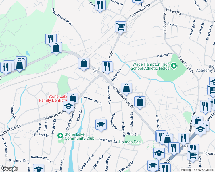 map of restaurants, bars, coffee shops, grocery stores, and more near 8 Sewanee Avenue in Greenville