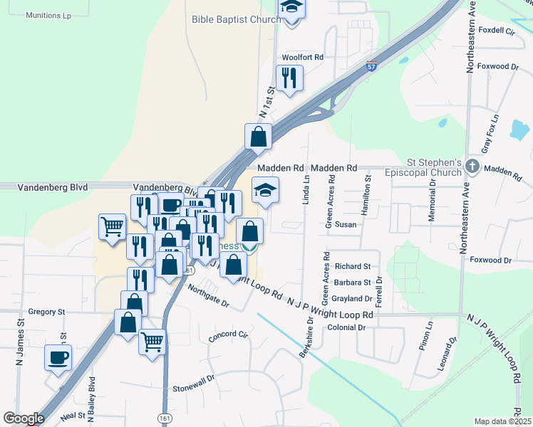map of restaurants, bars, coffee shops, grocery stores, and more near 2400 Linda Lane in Jacksonville