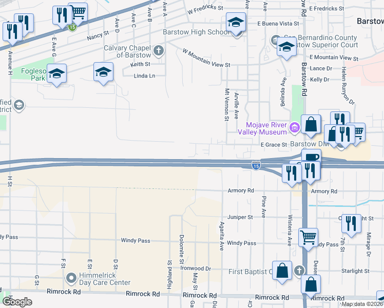 map of restaurants, bars, coffee shops, grocery stores, and more near 1040 May Lane in Barstow