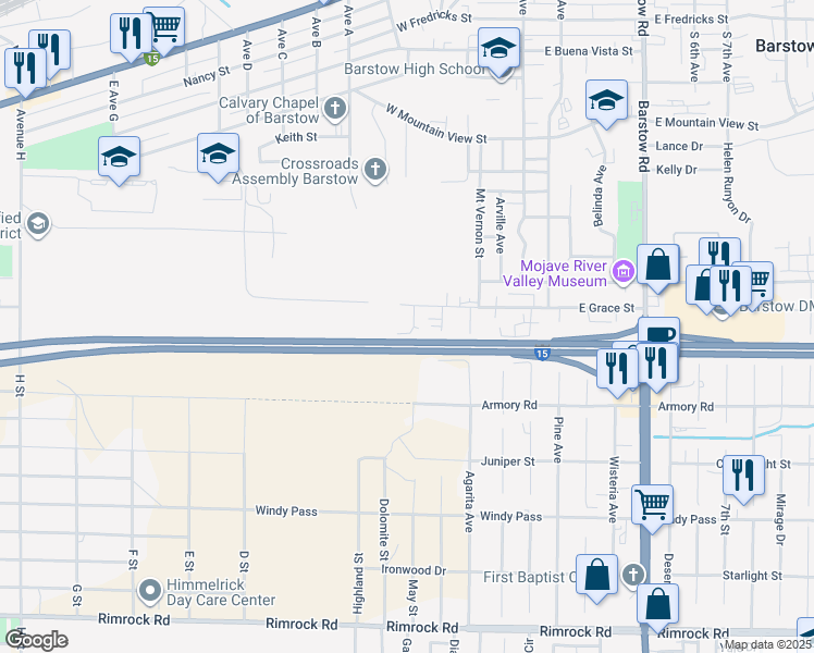 map of restaurants, bars, coffee shops, grocery stores, and more near 444 West Grace Street in Barstow