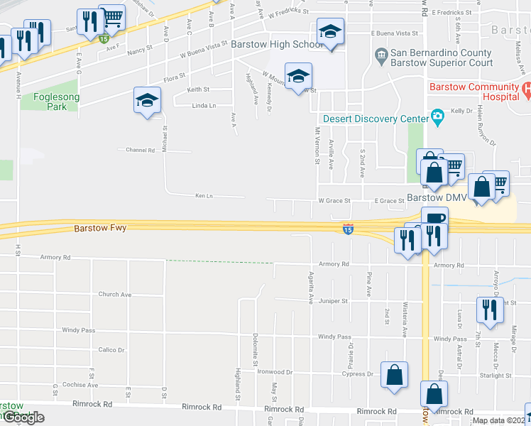 map of restaurants, bars, coffee shops, grocery stores, and more near 444 West Grace Street in Barstow