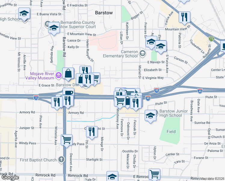 map of restaurants, bars, coffee shops, grocery stores, and more near Western Whip Court in Barstow