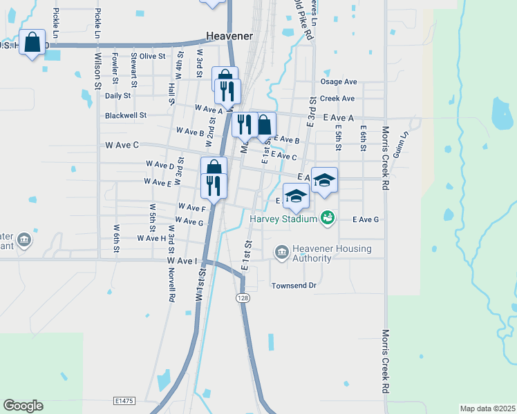 map of restaurants, bars, coffee shops, grocery stores, and more near 322-398 E Ave F in Heavener
