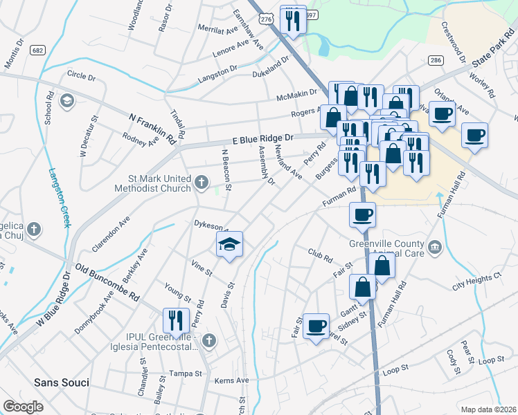 map of restaurants, bars, coffee shops, grocery stores, and more near 501 Perry Road in Greenville