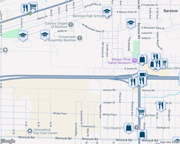 map of restaurants, bars, coffee shops, grocery stores, and more near 330 West Grace Street in Barstow