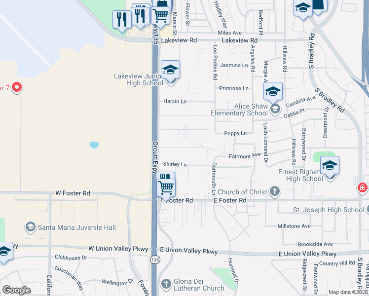 map of restaurants, bars, coffee shops, grocery stores, and more near 295 Siler Lane in Santa Maria