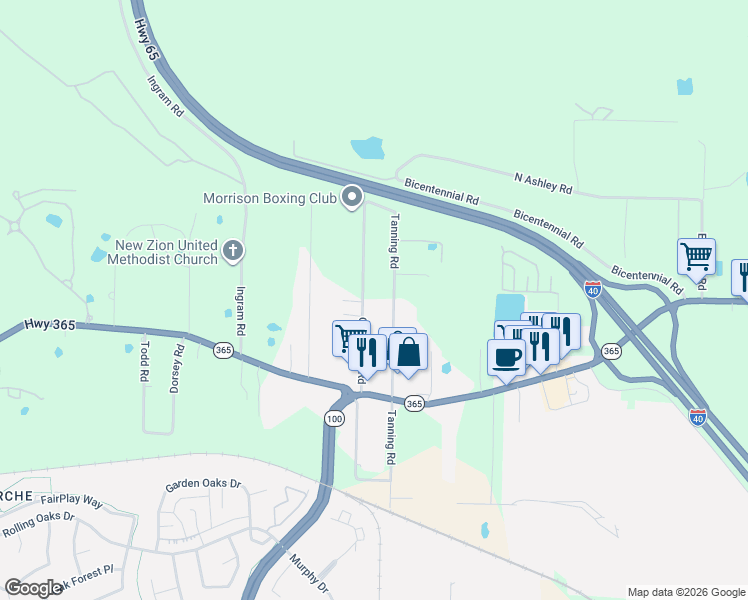 map of restaurants, bars, coffee shops, grocery stores, and more near 14422 Overstreet Road in North Little Rock