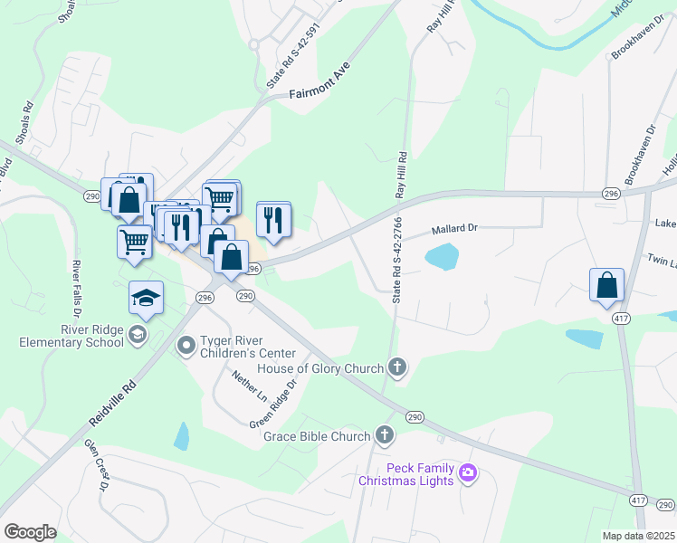 map of restaurants, bars, coffee shops, grocery stores, and more near 5819 Reidville Road in Moore