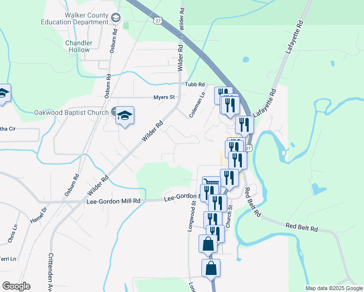 map of restaurants, bars, coffee shops, grocery stores, and more near 152 Heritage Drive in Chickamauga