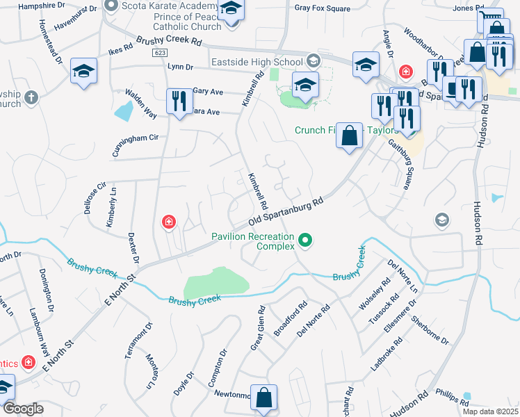 map of restaurants, bars, coffee shops, grocery stores, and more near 125 Shady Tree Drive in Taylors
