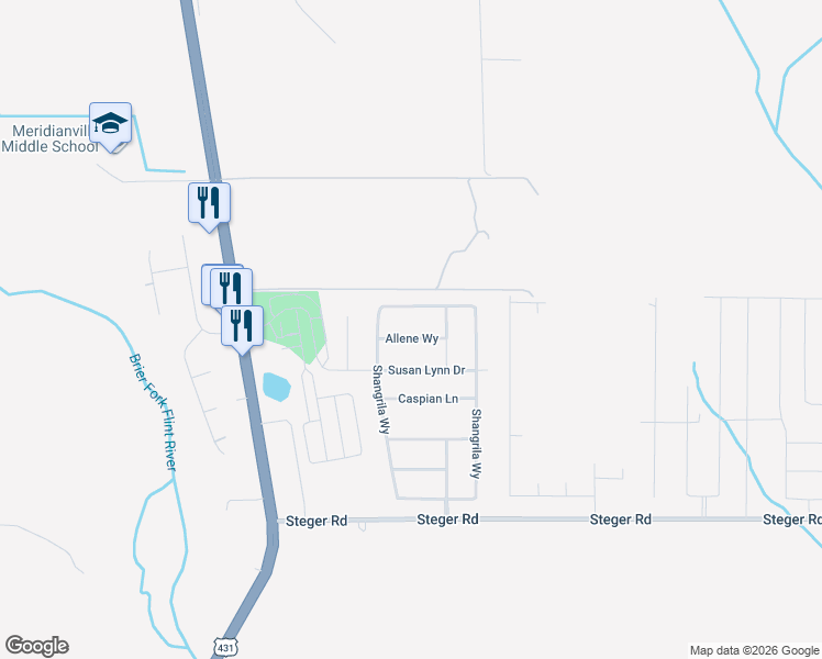 map of restaurants, bars, coffee shops, grocery stores, and more near 317 Allene Way in Meridianville