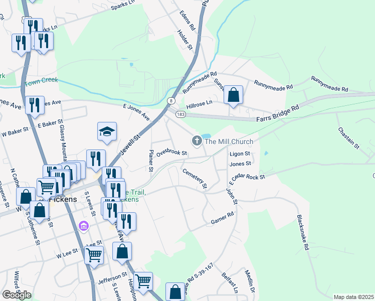 map of restaurants, bars, coffee shops, grocery stores, and more near 215 Overbrook Street in Pickens