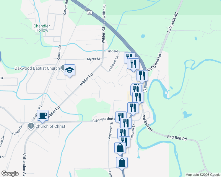 map of restaurants, bars, coffee shops, grocery stores, and more near 230 Heritage Drive in Chickamauga