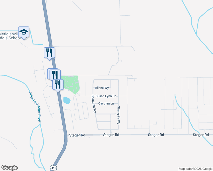 map of restaurants, bars, coffee shops, grocery stores, and more near 317 Allene Way in Meridianville