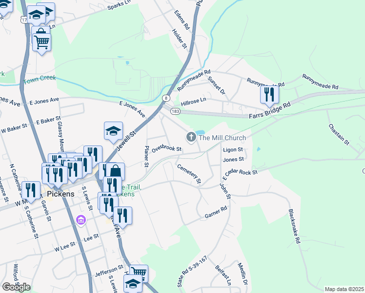 map of restaurants, bars, coffee shops, grocery stores, and more near 215 Overbrook Street in Pickens