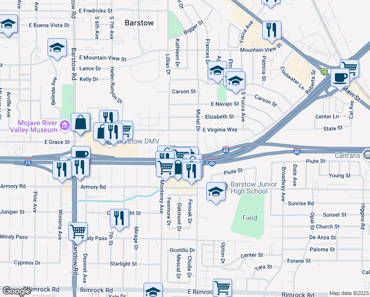 map of restaurants, bars, coffee shops, grocery stores, and more near 916 Ann Street in Barstow