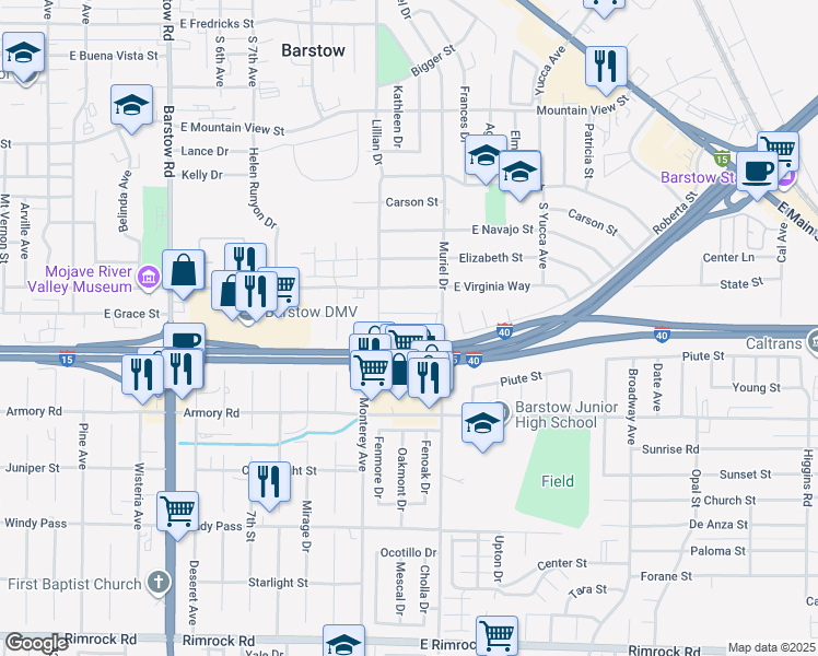map of restaurants, bars, coffee shops, grocery stores, and more near 921 Las Amigas Drive in Barstow