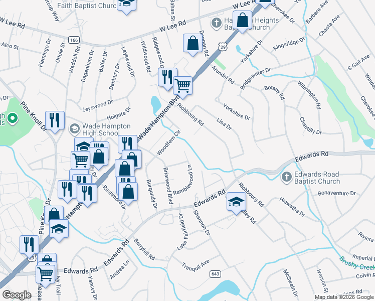 map of restaurants, bars, coffee shops, grocery stores, and more near 104 Ramblewood Lane in Greenville