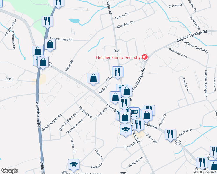 map of restaurants, bars, coffee shops, grocery stores, and more near 100 Katie Drive in Greenville