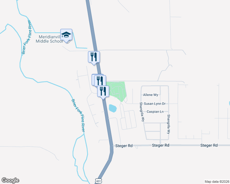 map of restaurants, bars, coffee shops, grocery stores, and more near 159 Susan Lynn Drive in Meridianville