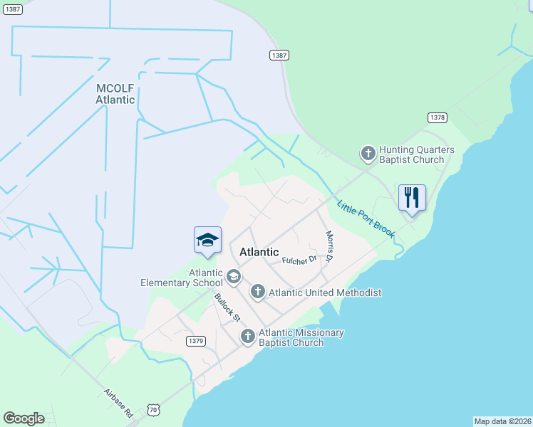 map of restaurants, bars, coffee shops, grocery stores, and more near Seafood Ln in Atlantic