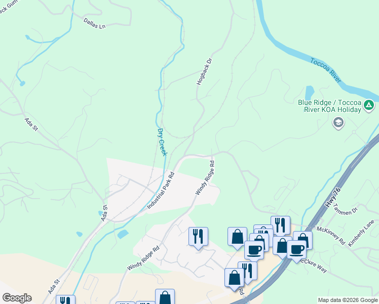 map of restaurants, bars, coffee shops, grocery stores, and more near 551 Industrial Park Road in Blue Ridge