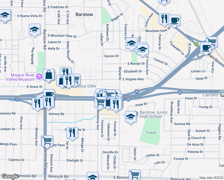 map of restaurants, bars, coffee shops, grocery stores, and more near 916 Ann Street in Barstow
