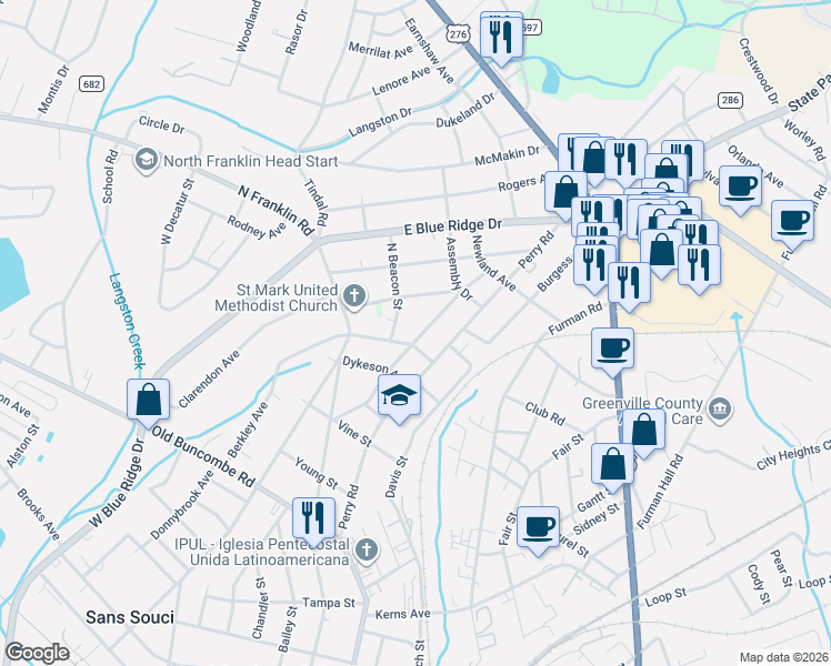 map of restaurants, bars, coffee shops, grocery stores, and more near 405 Darlington Avenue in Greenville