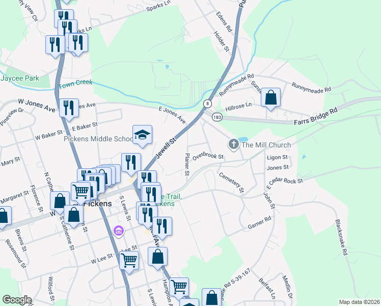 map of restaurants, bars, coffee shops, grocery stores, and more near 209 Planer Street in Pickens