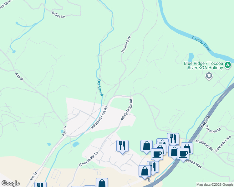 map of restaurants, bars, coffee shops, grocery stores, and more near 551 Industrial Park Road in Blue Ridge