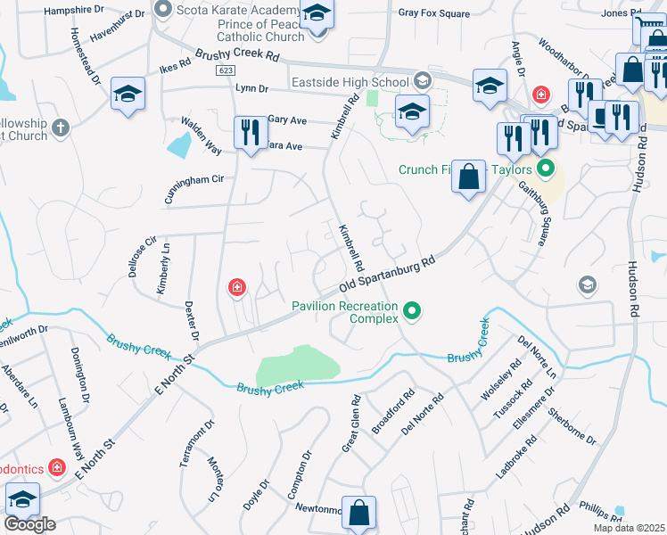 map of restaurants, bars, coffee shops, grocery stores, and more near 26 Birchview Street in Taylors