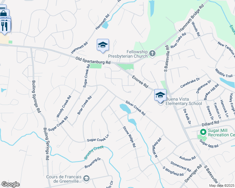 map of restaurants, bars, coffee shops, grocery stores, and more near 215 Silver Creek Road in Greer