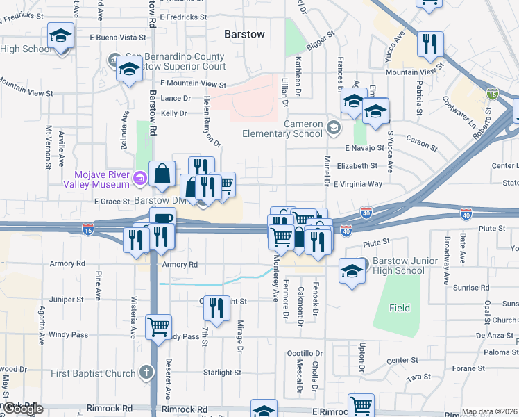 map of restaurants, bars, coffee shops, grocery stores, and more near Western Whip Court in Barstow