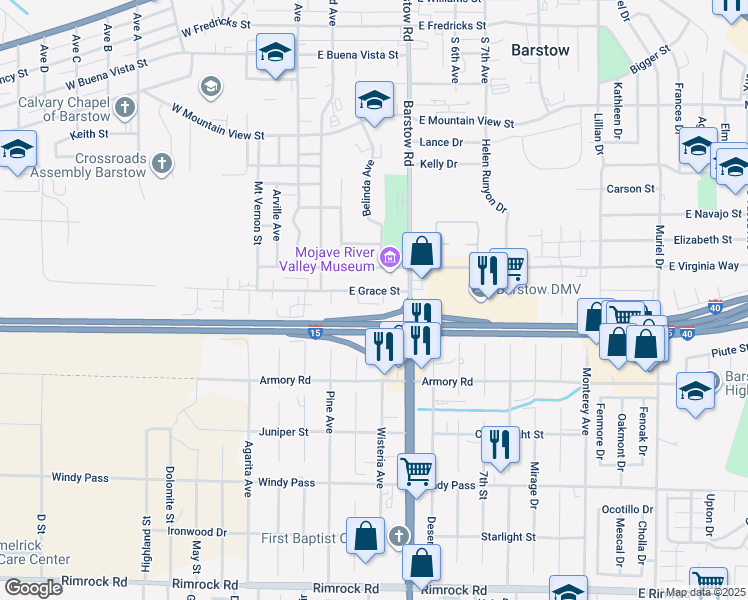 map of restaurants, bars, coffee shops, grocery stores, and more near 280 East Grace Street in Barstow