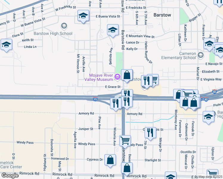 map of restaurants, bars, coffee shops, grocery stores, and more near 260 East Grace Street in Barstow