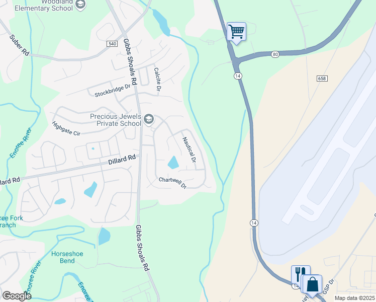 map of restaurants, bars, coffee shops, grocery stores, and more near 27 Nautical Drive in Greer