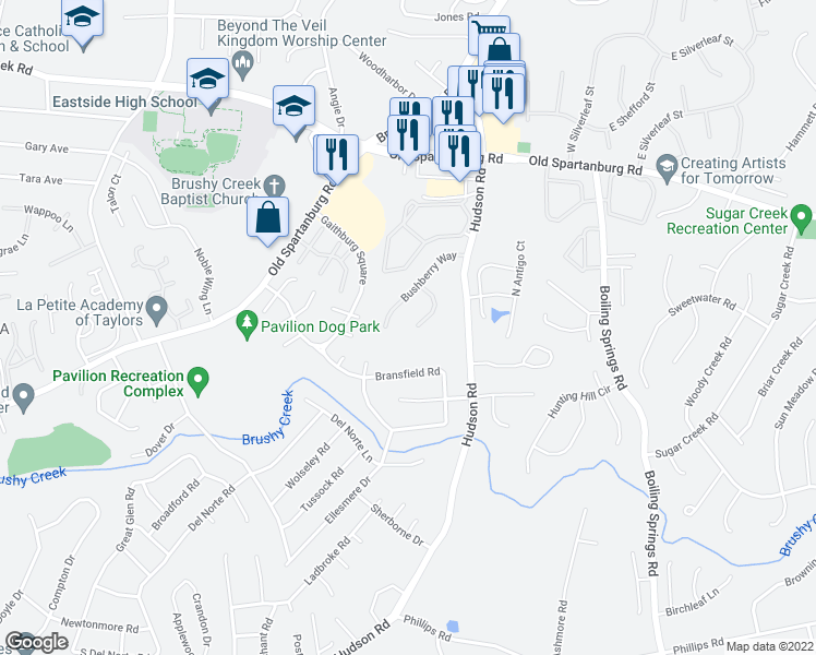 map of restaurants, bars, coffee shops, grocery stores, and more near 22 Overcup Court in Greer