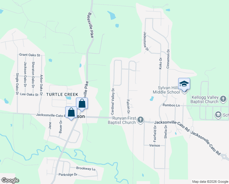 map of restaurants, bars, coffee shops, grocery stores, and more near 22 Cardinal Valley Drive in North Little Rock