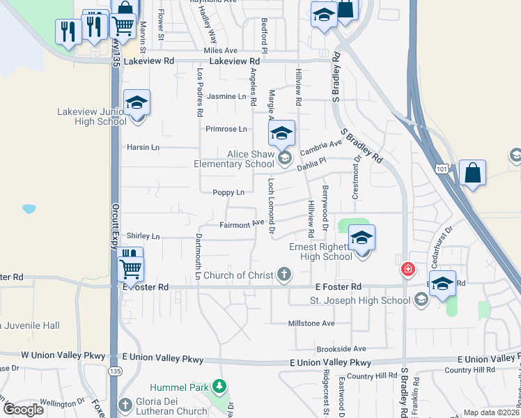 map of restaurants, bars, coffee shops, grocery stores, and more near 3940 Silver Leaf Drive in Santa Maria