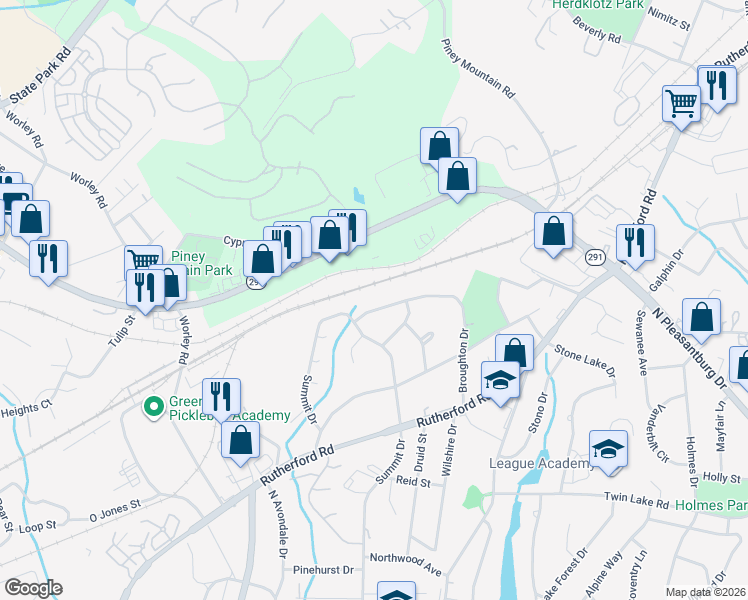 map of restaurants, bars, coffee shops, grocery stores, and more near 212 Broughton Drive in Greenville