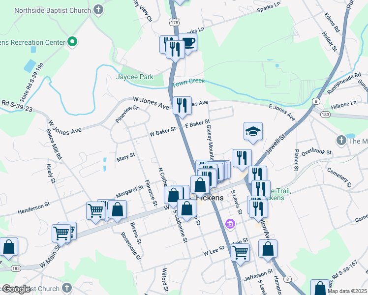 map of restaurants, bars, coffee shops, grocery stores, and more near 247 Ann Street in Pickens