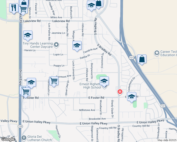 map of restaurants, bars, coffee shops, grocery stores, and more near 3940 Hillview Road in Orcutt