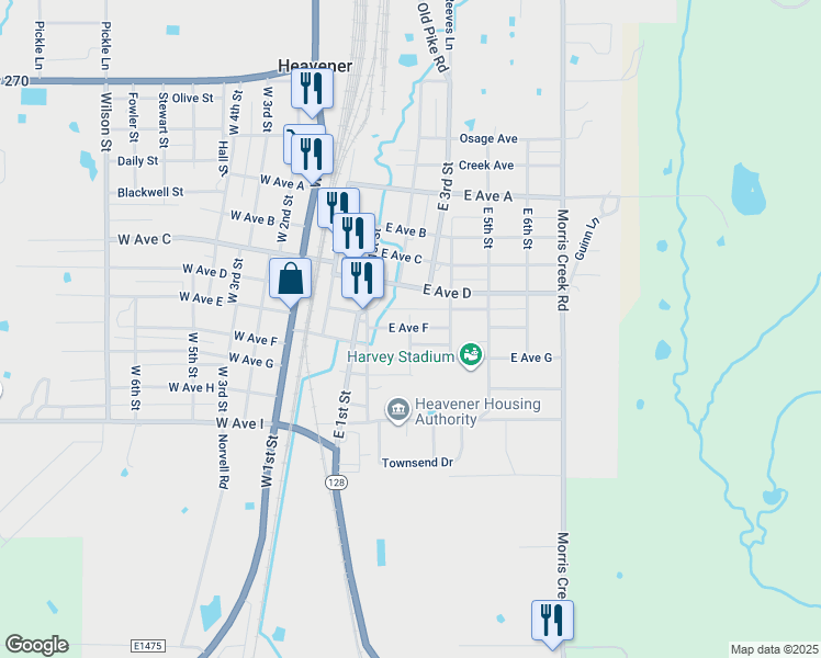 map of restaurants, bars, coffee shops, grocery stores, and more near 398 East Ave F in Heavener