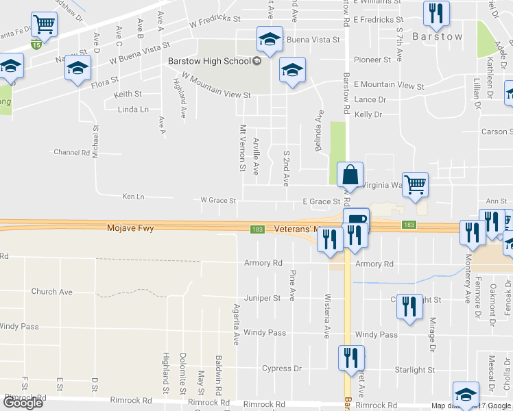 map of restaurants, bars, coffee shops, grocery stores, and more near 150 W Grace St in Barstow